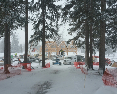 Lakelawn timber frame barn snow