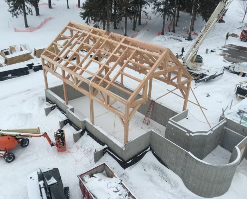 Lakelawn timber frame barn aerial